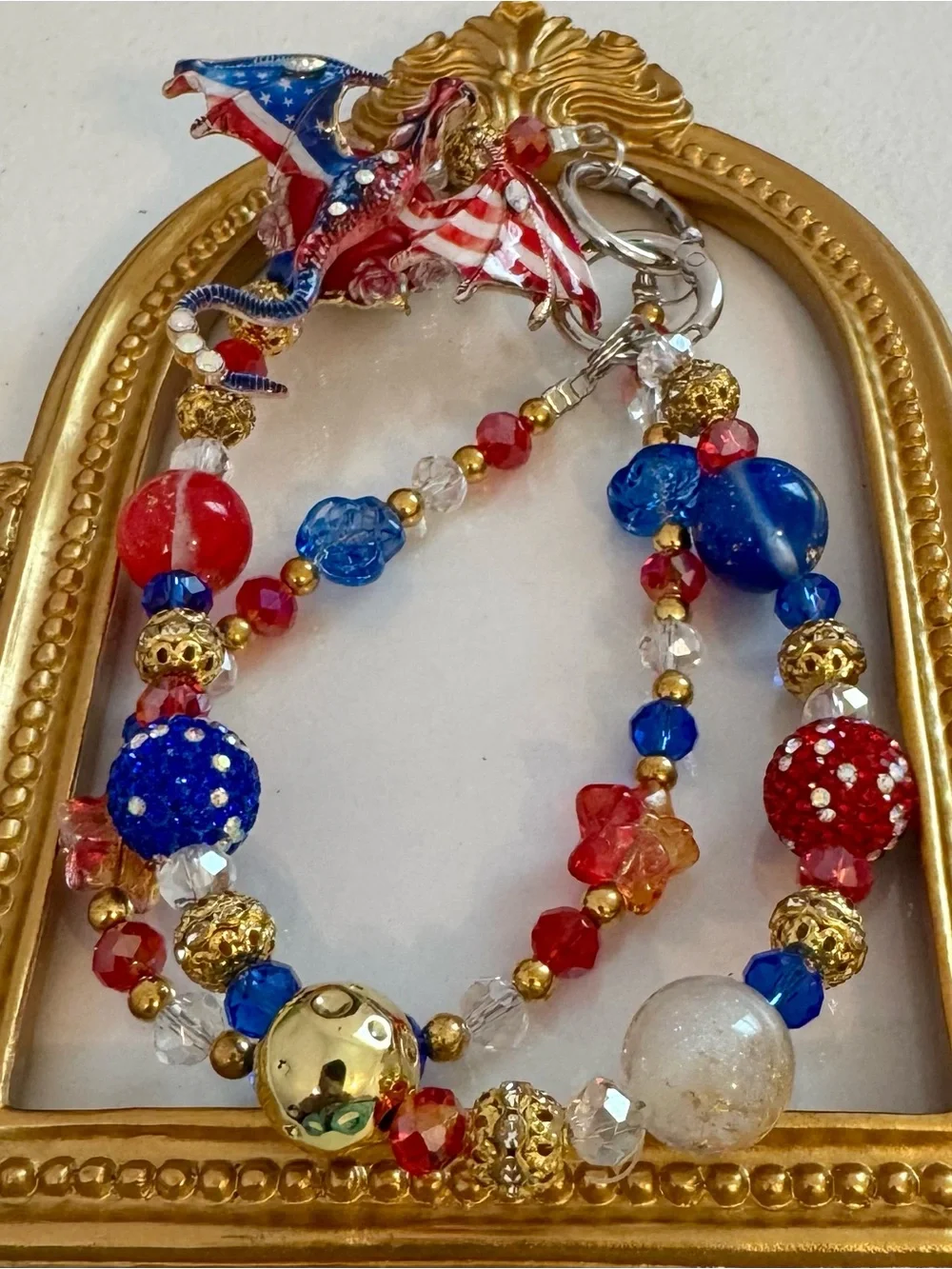 New Patriotic Red Blue Gold Crystal Beaded Dragon Phone Chain/Bag Chain
